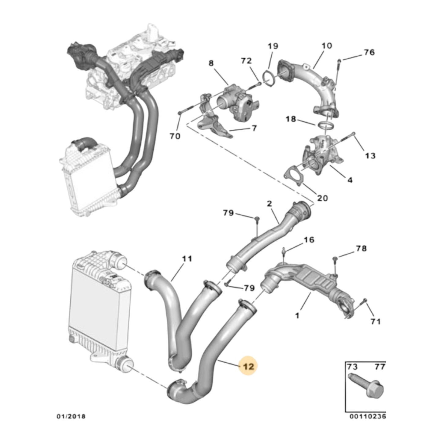Manguera de Entrada Intercooler Original Peugeot 308/ 3008 / 5008 / Rifter 1.6 / 1.5 BlueHDi