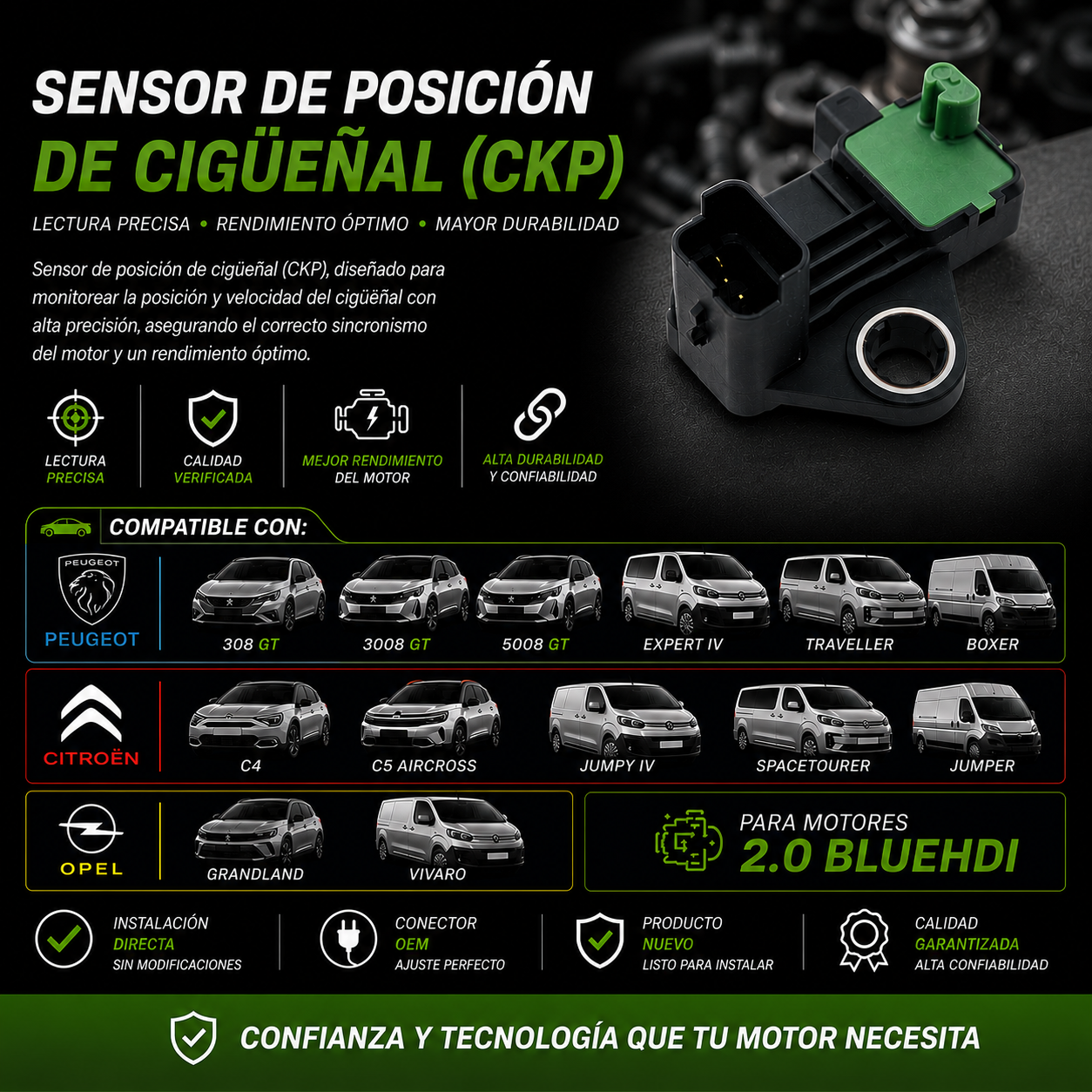 Sensor de Cigueñal CKP Citroen C4 C5 Aircross Jumpy IV 2.0 BLuehdi