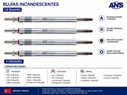 Juego Bujias Incandescentes Peugeot 208 301 308 2008 3008 5008 Rifter Partner k9 1.5 Bluehdi